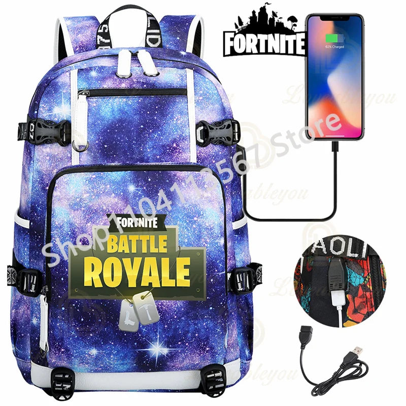 Ultima Knight F-Fortnited Battle Royale Backpack with USB Charging Anime Figures Study Stationery Compartment for Students