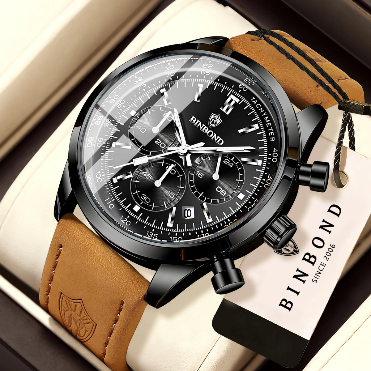 Robust and accurate BINBOND quartz chronograph watch for men, luxury, with automatic date, luminous hands and water-resistant, casual style.