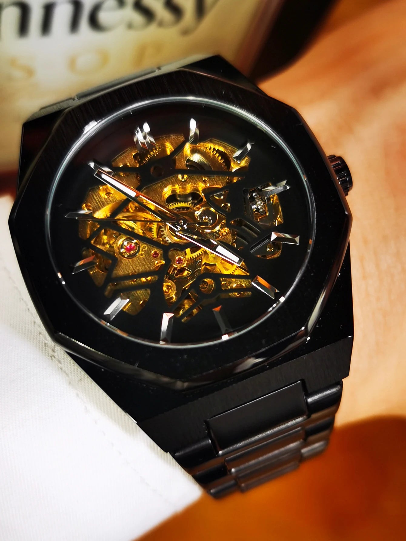 WINNER Black Gold Skeleton Mechanical Watches for Men Fashion irregular Automatic Watch Luxury Brand Stainless Steel Strap 2023