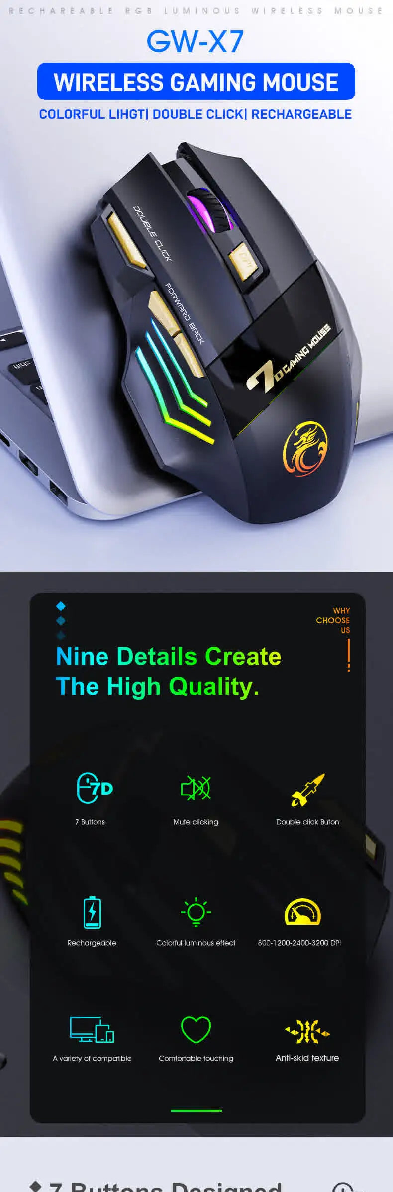 Vezeték nélküli Bluetooth egér, újratölthető számítógépes gamer egér, ergonomikus RGB háttérvilágítású, csendes egér PC-hez