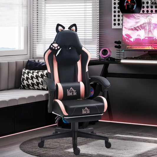 Cat Ear Gaming Chair with Footrest, 135° Reclining PU Leather Gaming Chair, Height Adjustable Swivel Gaming Chair with Lumbar Support