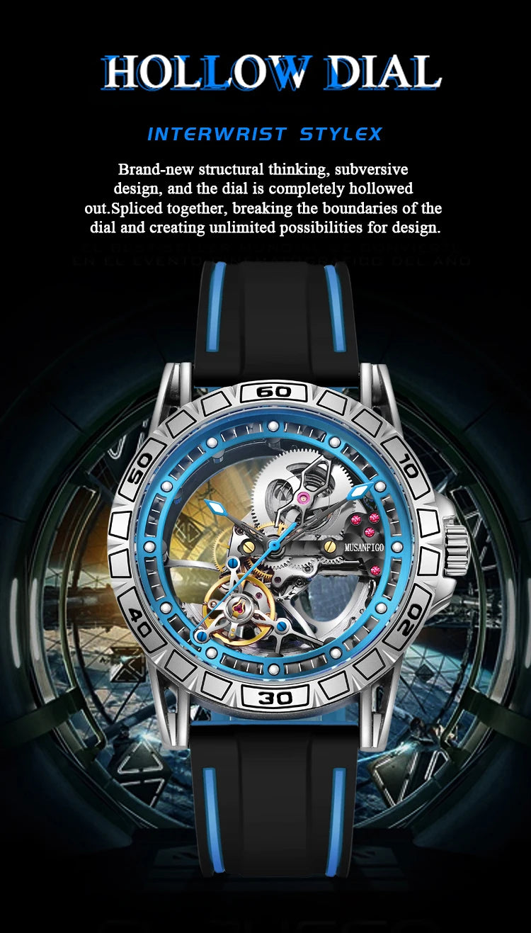 MUSANFIGO hollowed out fully automatic men's watch with mechanical movement, men's night light waterproof trendy watch