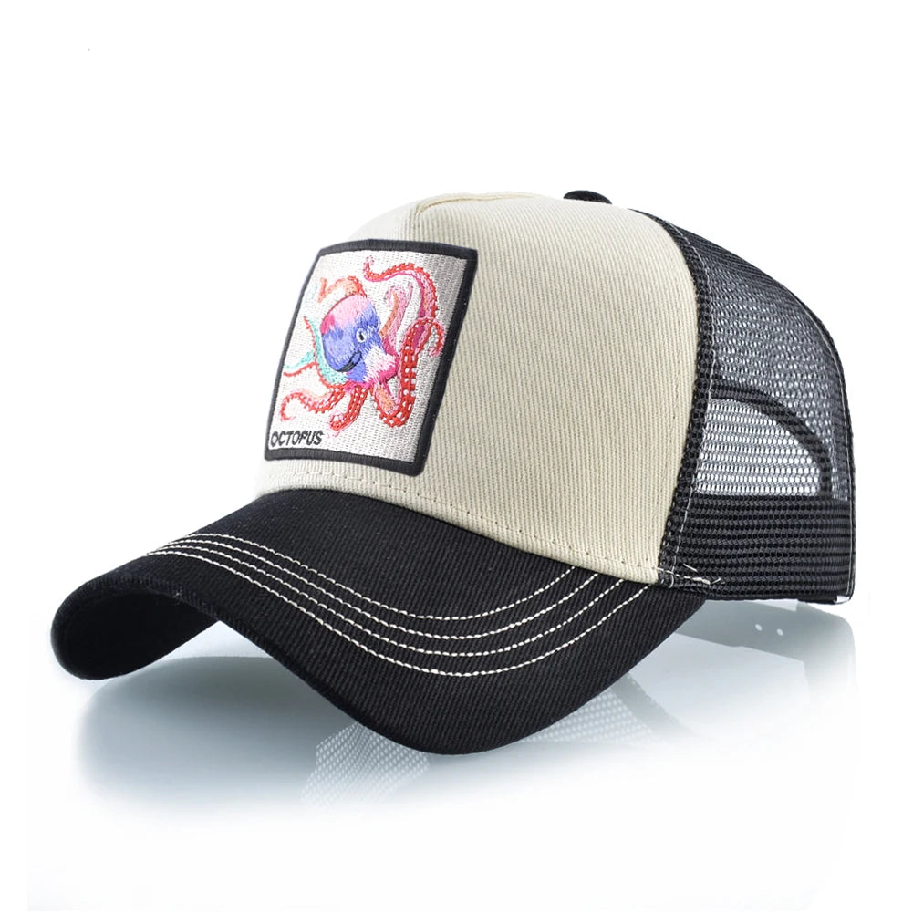 Casquette de baseball unisexe avec écusson pieuvre pour hommes et femmes – Casquettes trucker à fermeture à pression quatre saisons – Casquette de sport décontractée et respirante pour les activités de plein air