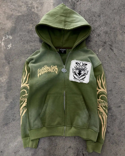 2026 New American Fashion Trend Goth Printed Zipper Hoodie Women Street Hip Hop Punk Rock Sweatshirt Unisex Casual Loose Hoodie