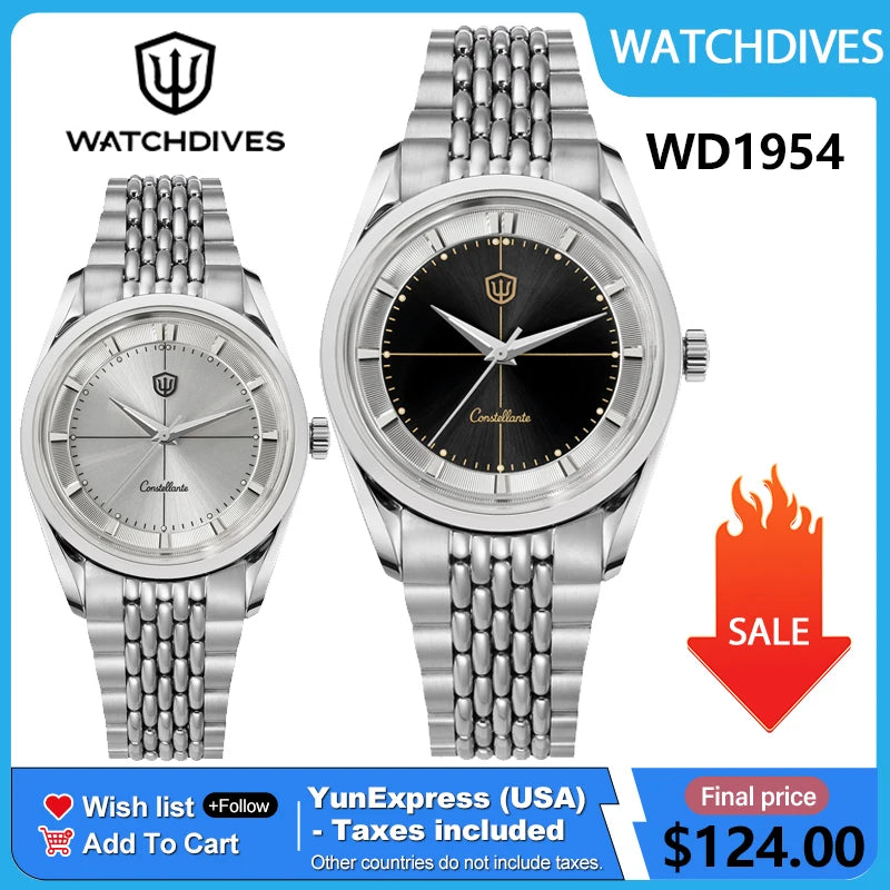 Watchdives WD1954 Arctic Classic 36mm Watch VH31 Sweep Second Movement 316L Stainless Steel Watches Sapphire Crystal Luminova
