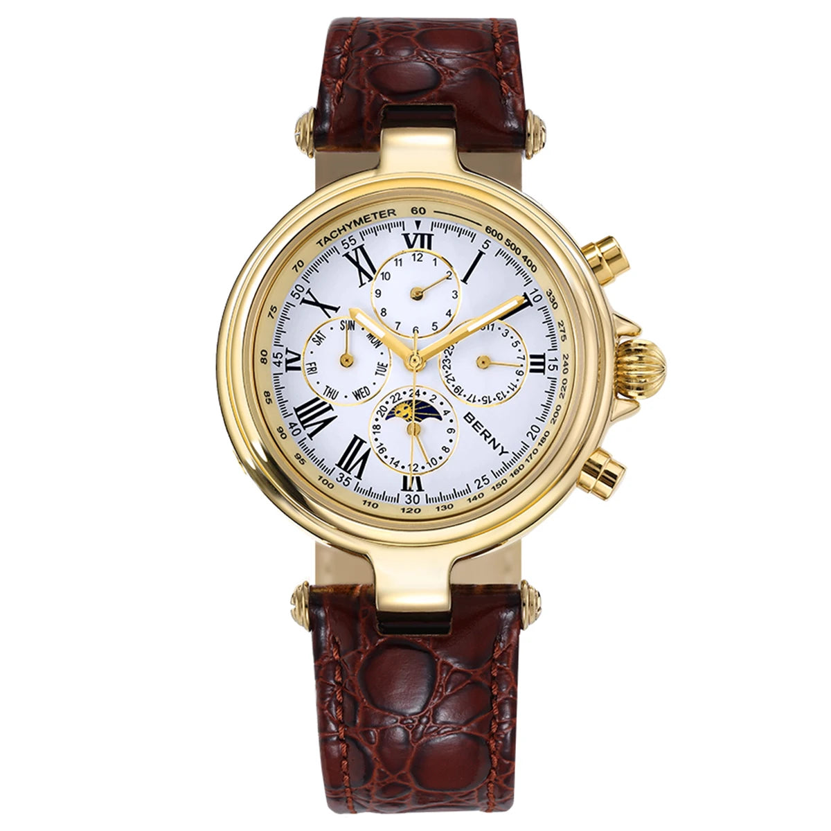 Montre automatique pour homme BERNY, style rétro, avec affichage Soleil et Lune, aiguilles luminescentes et mouvement ST1652 ; une montre mécanique classique et élégante, dotée d'un bracelet en cuir véritable.
