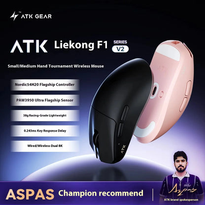 ATK F1 V2 Ultra MAX žaidimų pelė, belaidė, trijų režimų, PAW3950, dviguba 8k, lengva, ergonomiška e. sporto pelė, individualizuojamas PC priedas