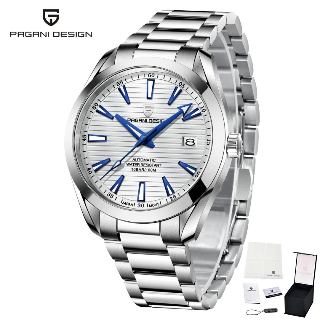 PAGANI DESIGN luxury men’s watch – Mechanical automatic model (calibre 8215), stainless steel, water-resistant, with date display and luminescent hands