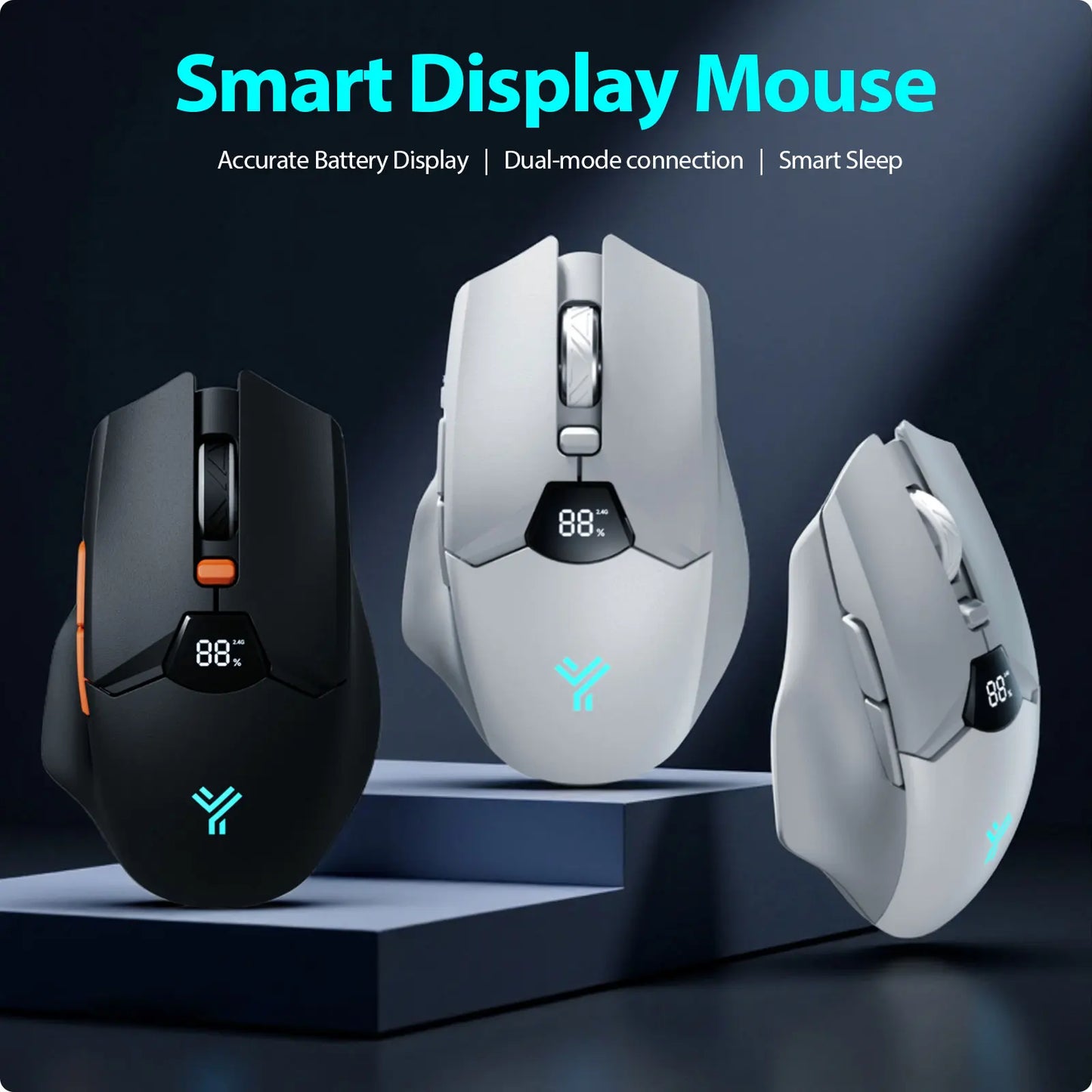 Rato Bluetooth Sem Fios com Indicador Digital de Bateria, Rato Ergonómico Silencioso para PC, Portátil e Gaming, 2.4G/Bluetooth 5.0