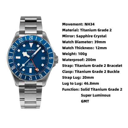 SEESTERN Titanium Diver Men of Watch GMT Automatic Mechanical Wristwatch NH34 Movement Sapphire Crystal 200M Waterproof Lume New