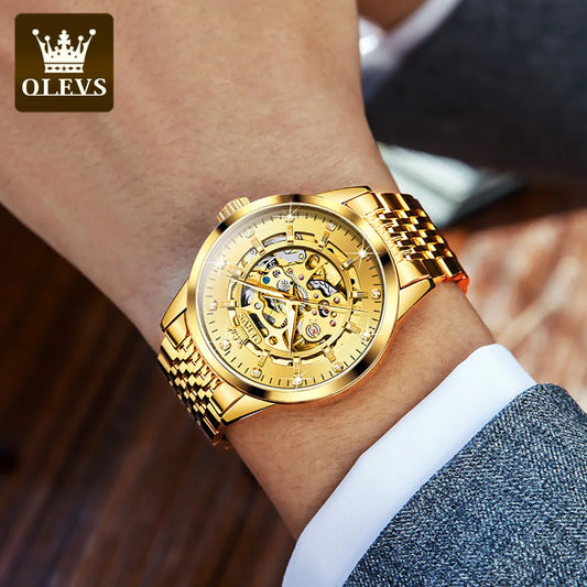 Montre pour homme OLEVS 9920, modèle original de type « squelette », en acier inoxydable massif, étanche et dotée d’éléments luminescents; montre mécanique automatique de luxe.