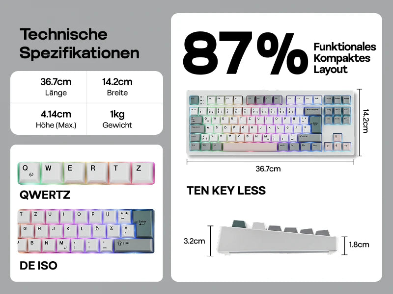 EPOMAKER TH87 ISO-DE Tenkeyless TKL Layout Wired/Bluetooth/2.4 GHz Wireless Mechanical Keyboard with 10000mAh Battery for PC/Mac
