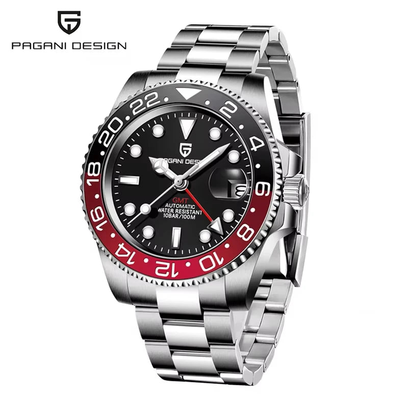 PAGANI DESIGN 40mm GMT Men's Mechanical Watches Rubber Strap Rotating Bezel 100 Waterproof Sports Wristwatch Mens Business Clock