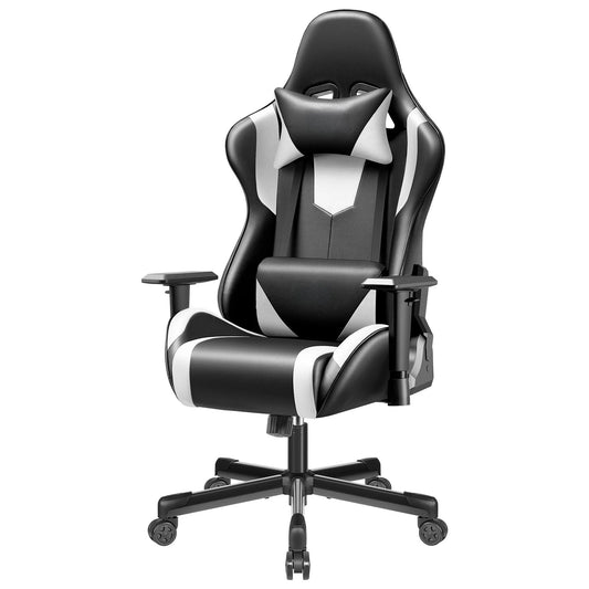 Ergonomic Gaming Chair Black & White Racing Style Office Chair with Adjustable Armrests, 155° Reclining, Swivel Computer Gaming Chair