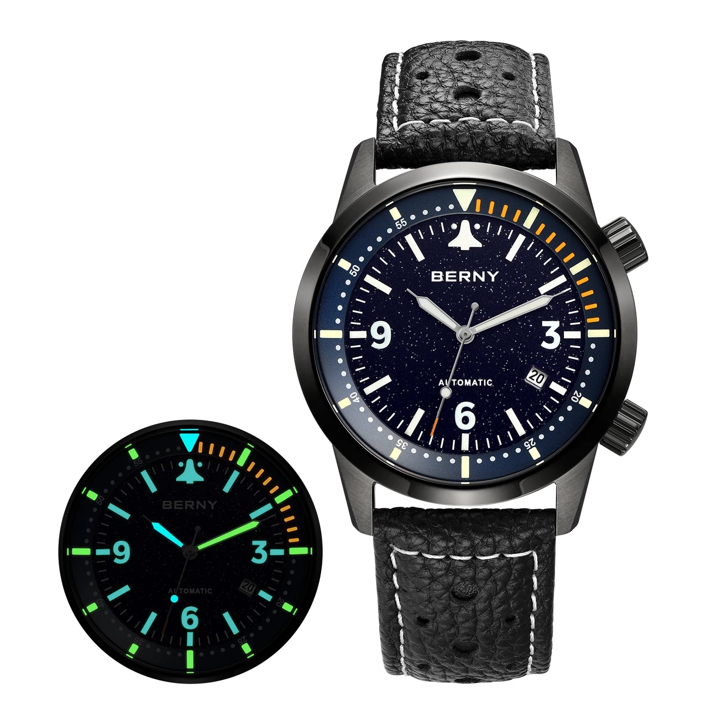 BERNY Men's Automatic Diver Watch Supper Luminous Sapphire AR Coated MlYOTA 8215 Leather Strap Mechanical Diving Watches for Men