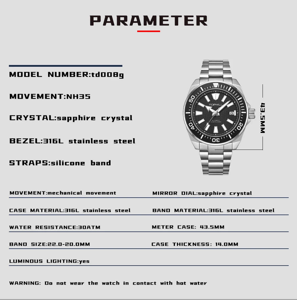TOPHILL 43.5mm Professional Dive Watch Automatic NH35 Movement Sapphire 300M Waterproof Super Luminous Diving Men's Wristwatches