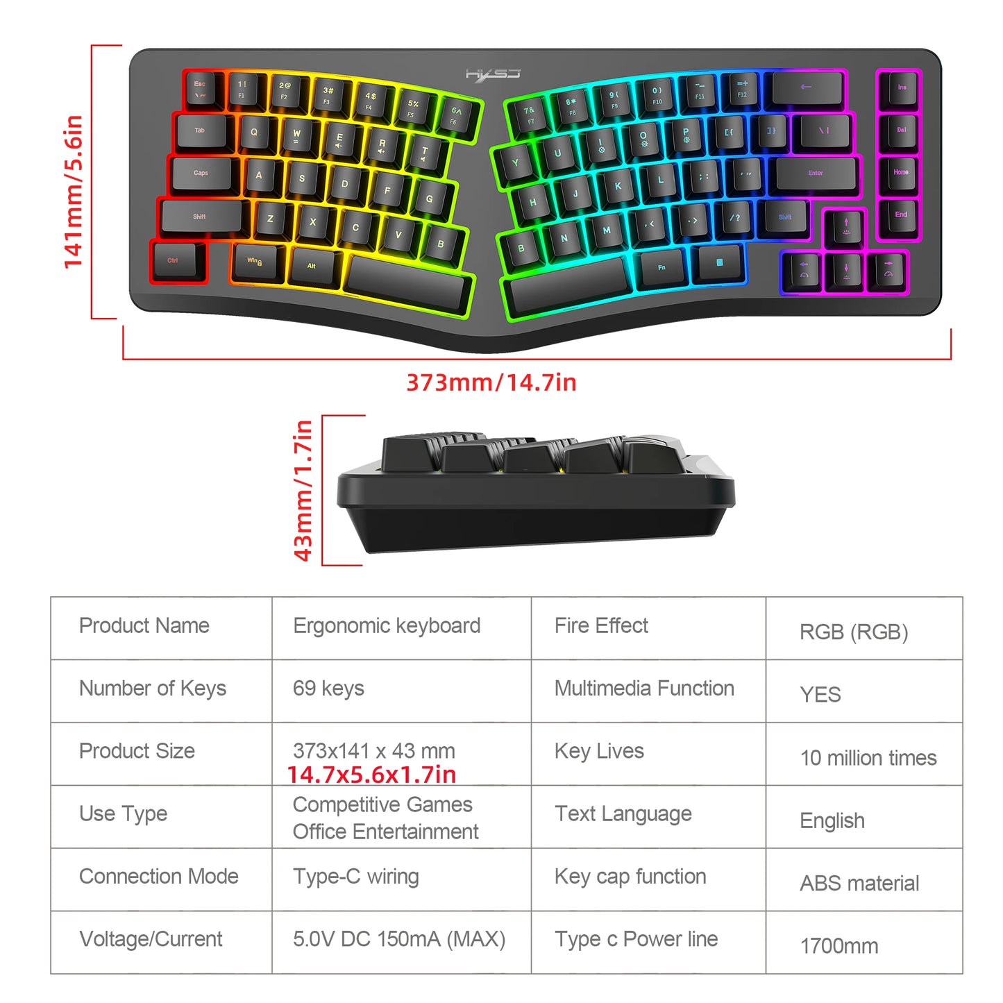 69 Key Wired Ergonomic Gaming Keyboard Silent Irregular RGB Backlit Keyboard for Windows Linux Home Office Game PC