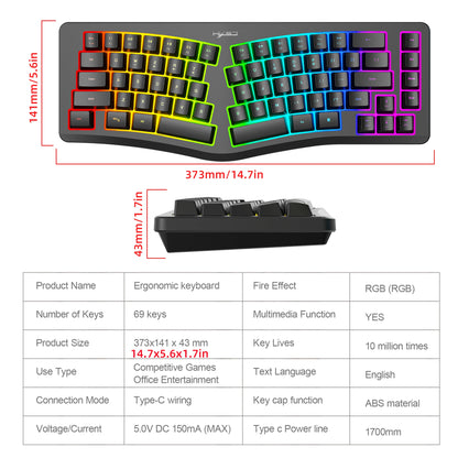 69 Key Wired Ergonomic Gaming Keyboard Silent Irregular RGB Backlit Keyboard for Windows Linux Home Office Game PC