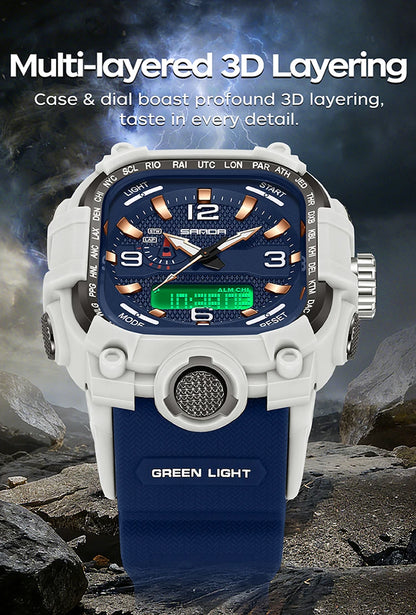 SANDA 6310 Men's Electronic Watch Multifunctional Luminous Alarm Clock Calendar Stopwatch Dual Display Digital Watches for Man
