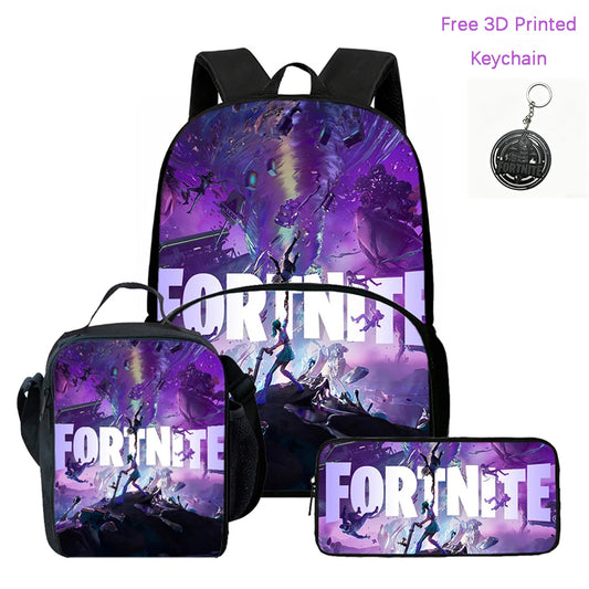 3Pcs FORTNITE Cartoon School Set Lightweight Backpack Front Pocket Lunch & Pencil Case For Kids Age 5-9 Free 3D Printed Keychain