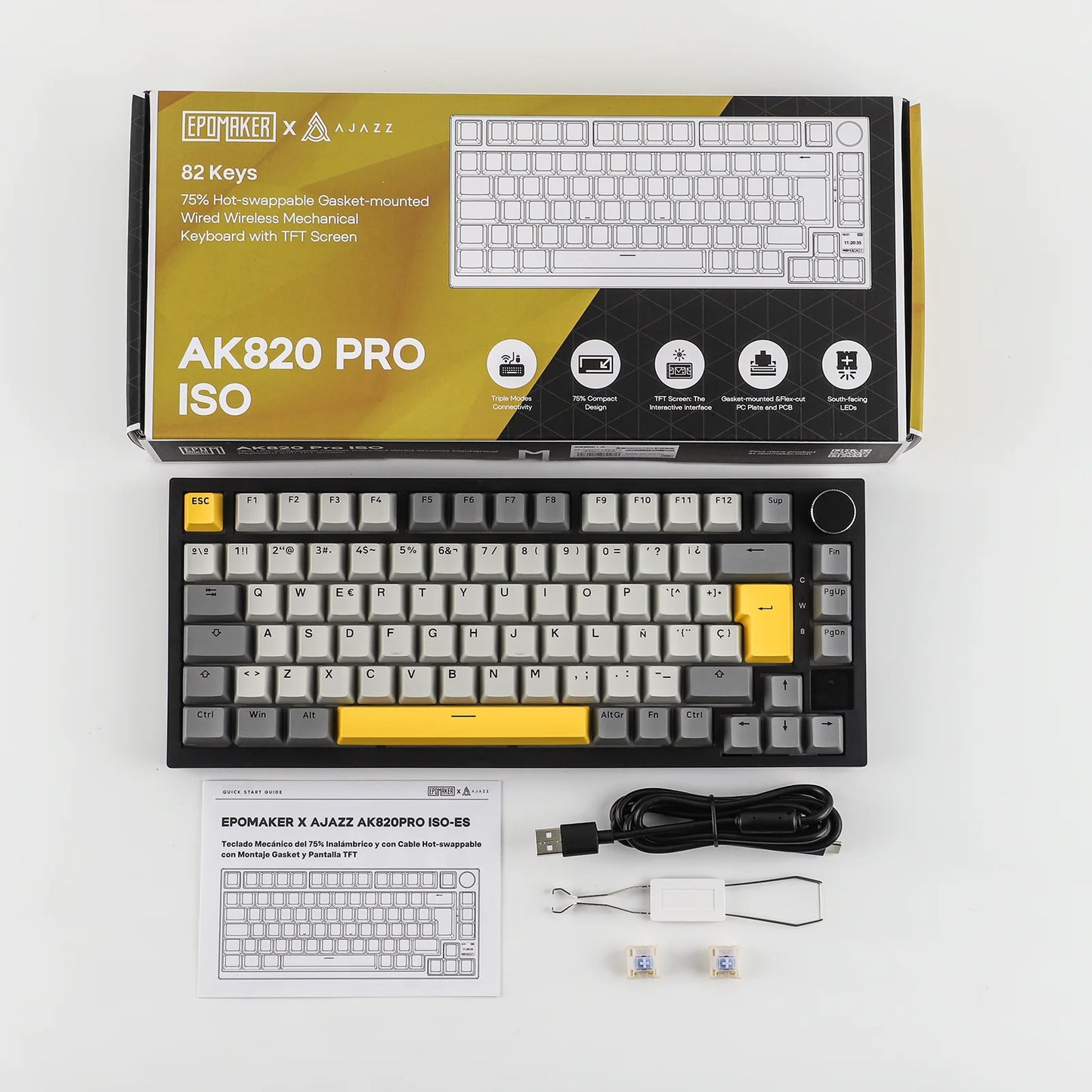 ISO-ES Layout EPOMAKER X AJAZZ AK820 PRO 75% Spanish Layout Wired/2.4GHz/BT Mechanical Keyboard with Screen & Knob for Pc/Mac