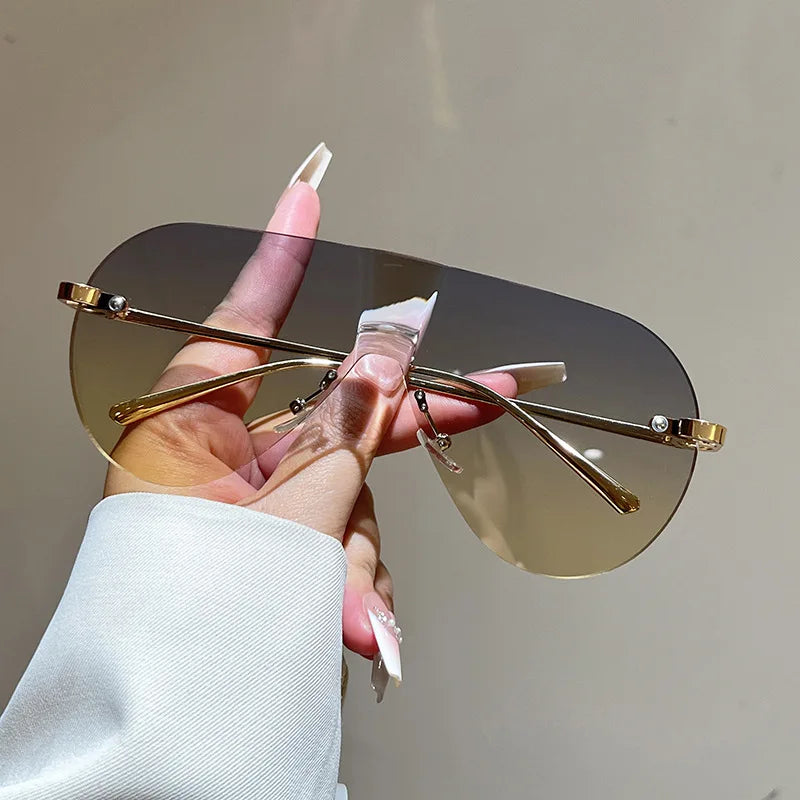 Women's Oversize Rimless One-Piece Shield Sunglasses Fashion Gradient Sun Glasses Alloy Sexy Driving Shades men punk shades