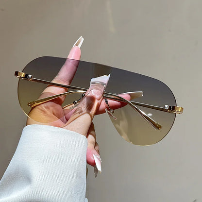 Women's Oversize Rimless One-Piece Shield Sunglasses Fashion Gradient Sun Glasses Alloy Sexy Driving Shades men punk shades