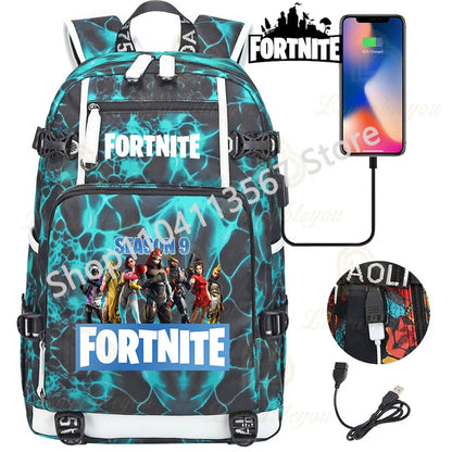 Ultima Knight F-Fortnited Battle Royale Backpack with USB Charging Anime Figures Study Stationery Compartment for Students
