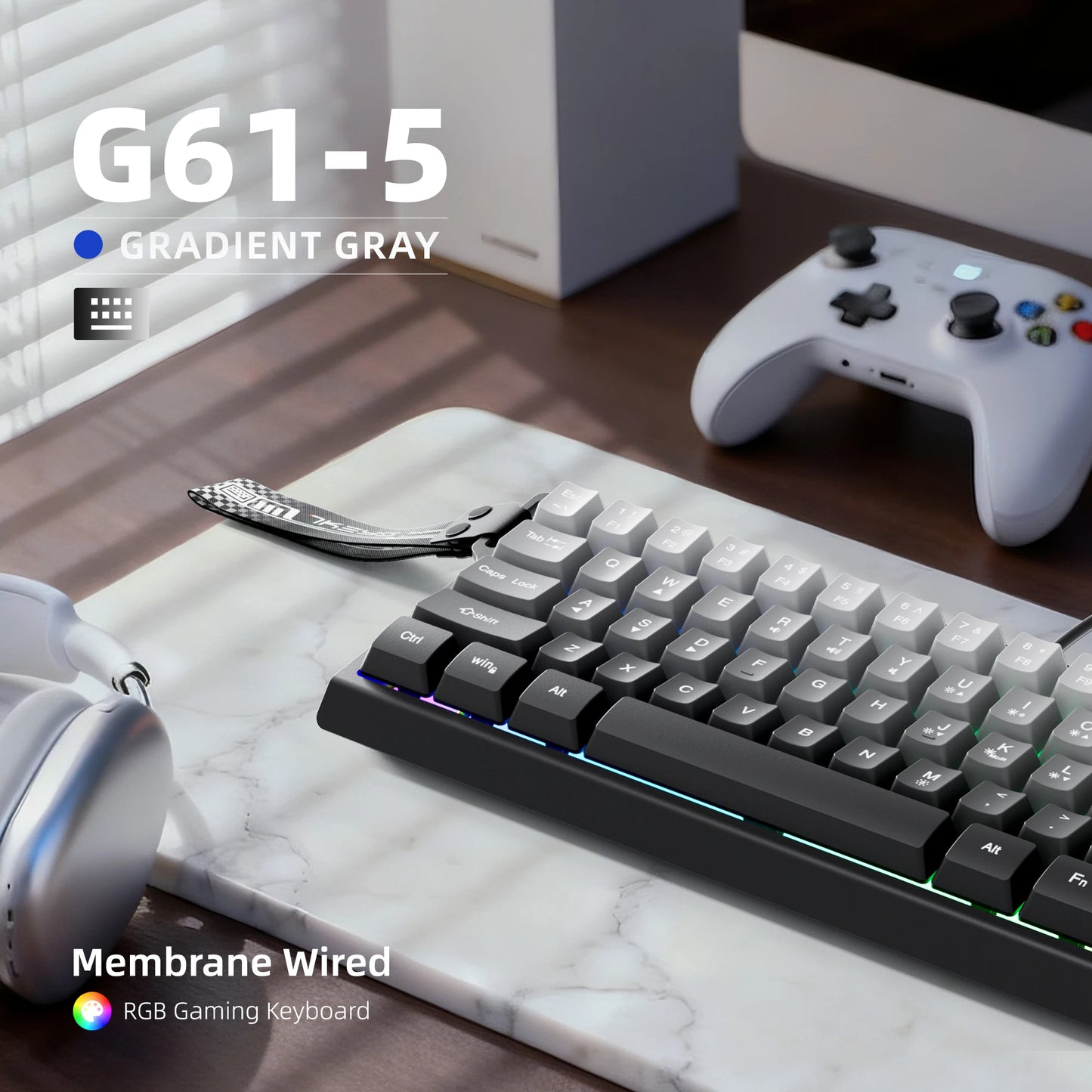 60% compact wired keyboard with RGB backlighting and gradient-colored keycaps, suitable for Windows tablets, laptops and gamers.