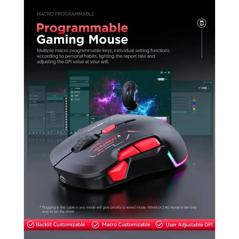 Mouse gaming macro MKESPN W12 cu 10 butoane, ambidextru, wireless Bluetooth, multicanal, tri-mode, ergonomic, RGB mare