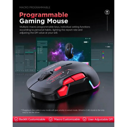 Mouse gaming macro MKESPN W12 cu 10 butoane, ambidextru, wireless Bluetooth, multicanal, tri-mode, ergonomic, RGB mare