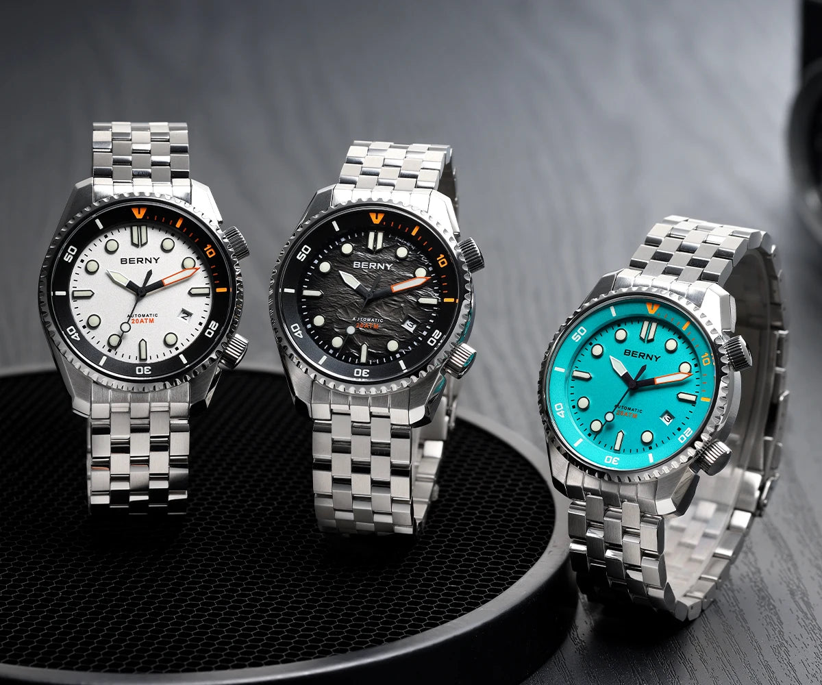 BERNY Automatic Diver Watch for Men Top Luxury Sapphire 316L Steel Blue Dial 200M Waterproof Mechanical Diving Men's Watches