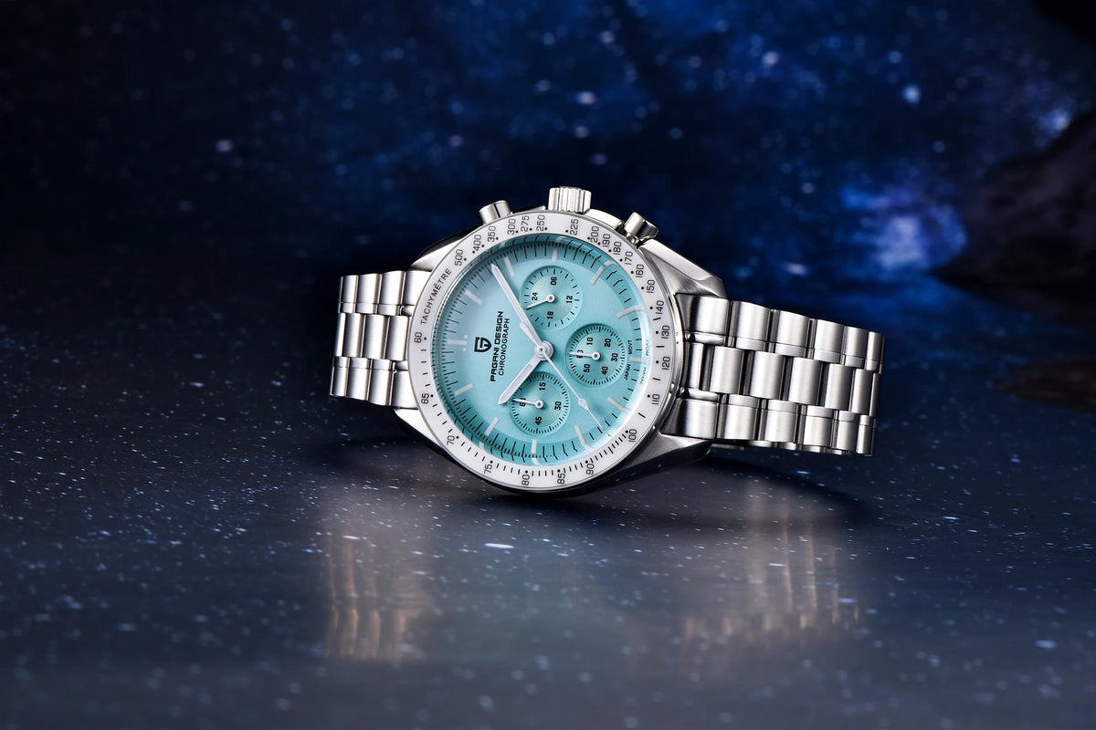 Reloj para hombre PAGANI DESIGN «New Moon» – Reloj de cuarzo de lujo, cronógrafo, cristal de zafiro con tratamiento antirreflectante, bisel de cerámica, agujas luminiscentes