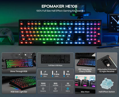 EPOMAKER HE108 100% ANSI US QWERTY Layout Wired/BT/2.4Ghz Wireless Hall Effect Mechanical Keyboard with SOCD/DKS & Rapid Trigger