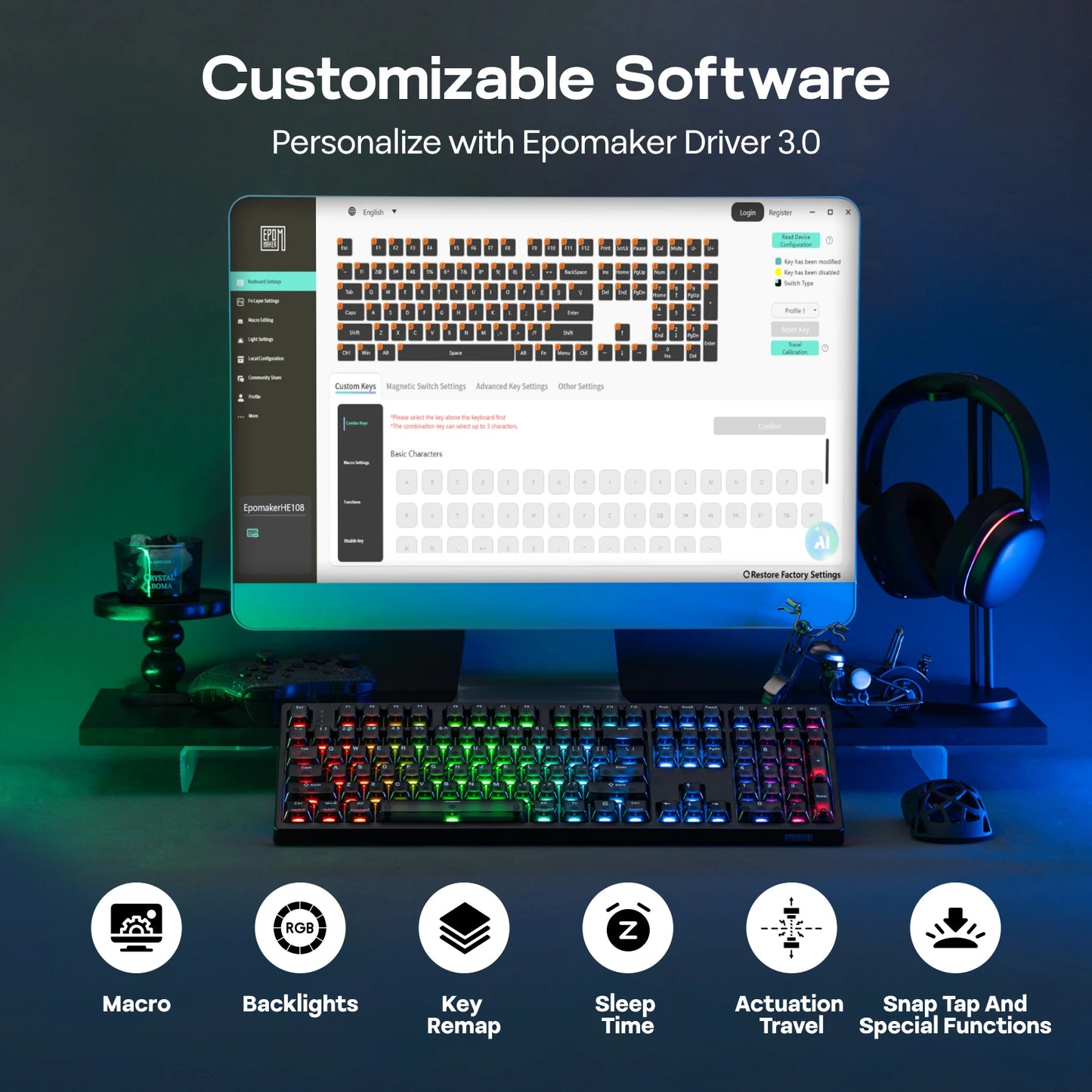 EPOMAKER HE108 100% ANSI US QWERTY Layout Wired/BT/2.4Ghz Wireless Hall Effect Mechanical Keyboard with SOCD/DKS & Rapid Trigger