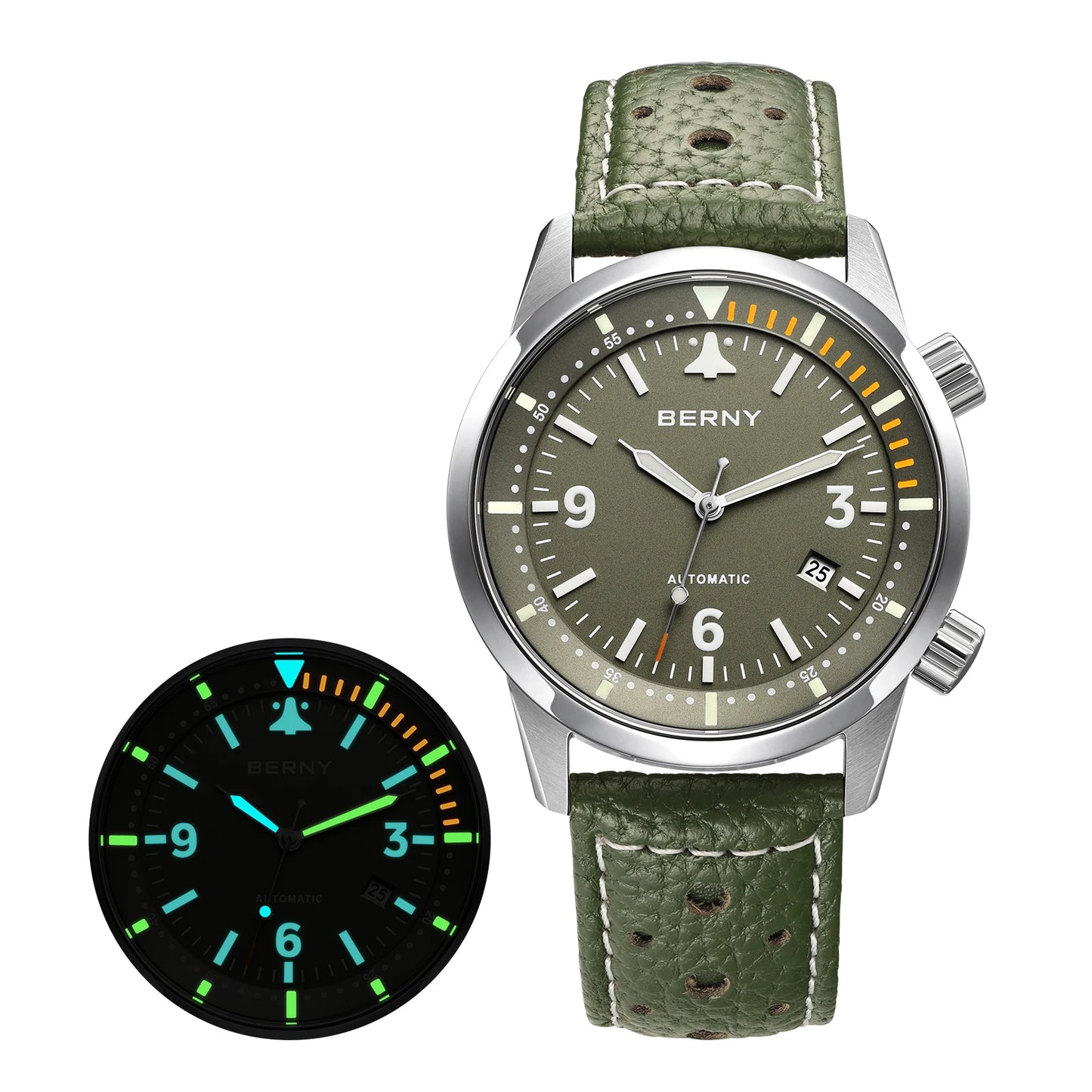 BERNY Men's Automatic Diver Watch Supper Luminous Sapphire AR Coated MlYOTA 8215 Leather Strap Mechanical Diving Watches for Men