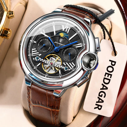 POEDAGAR Herrenuhr im luxuriösen und professionellen Stil, mit Datums- und Wochentagsanzeige, Tourbillon, Edelstahlgehäuse, mechanischem Automatikwerk und Wasserdichtigkeit.