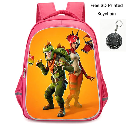 FORTNITE 16-inch Durable Lightweight Backpack, Dual Zipper Pockets, Cartoon Style for Boys & Girls 6-10,Free 3D Printed Keychain