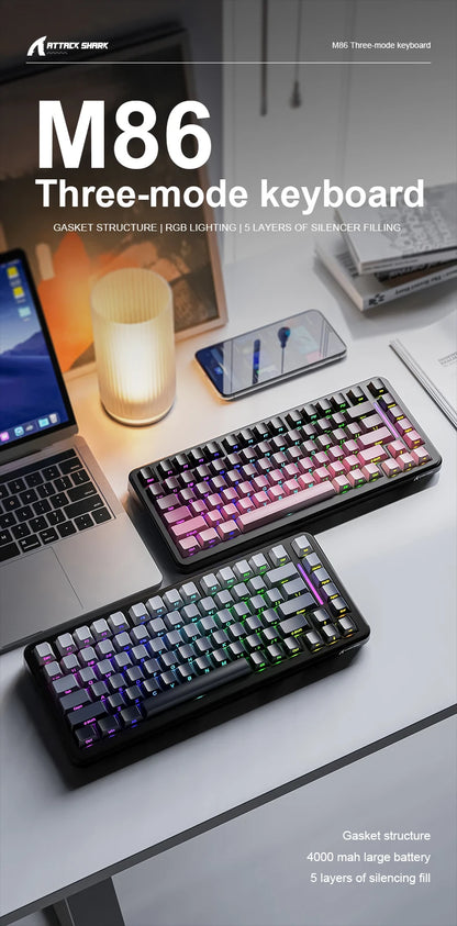 Attack Shark M86 Wireless Mechanical Keyboard 75% Compact RGB Backlit Hot-Swappable Side-Printed PBT Keycaps Tri-Mode 4000mAh