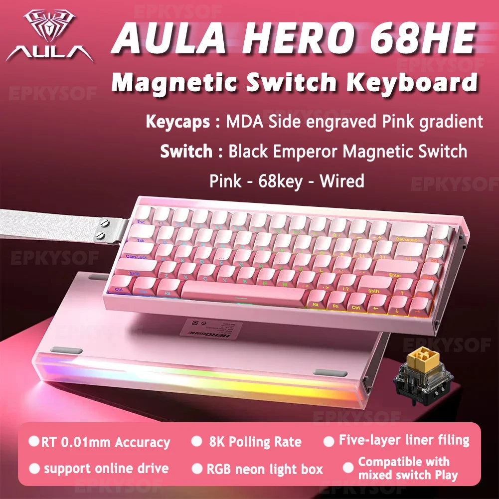AULA HERO 68HE Magnetic Switch Keyboard RGB Gaming Mechanical Keyboard, 8K Rapid Trigger Wired Gaming Keyboard with Hot-Swappable Magnetic Switches, PBT Keycaps, 68-Key Esports Keyboard