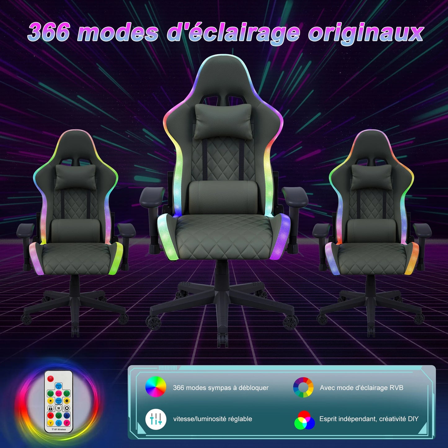 Ergonomic Office Chair with Lumbar Massage, RGB LED Lighting, Reclining Backrest, Adjustable Armrests Gaming Desk Chair for Home Office