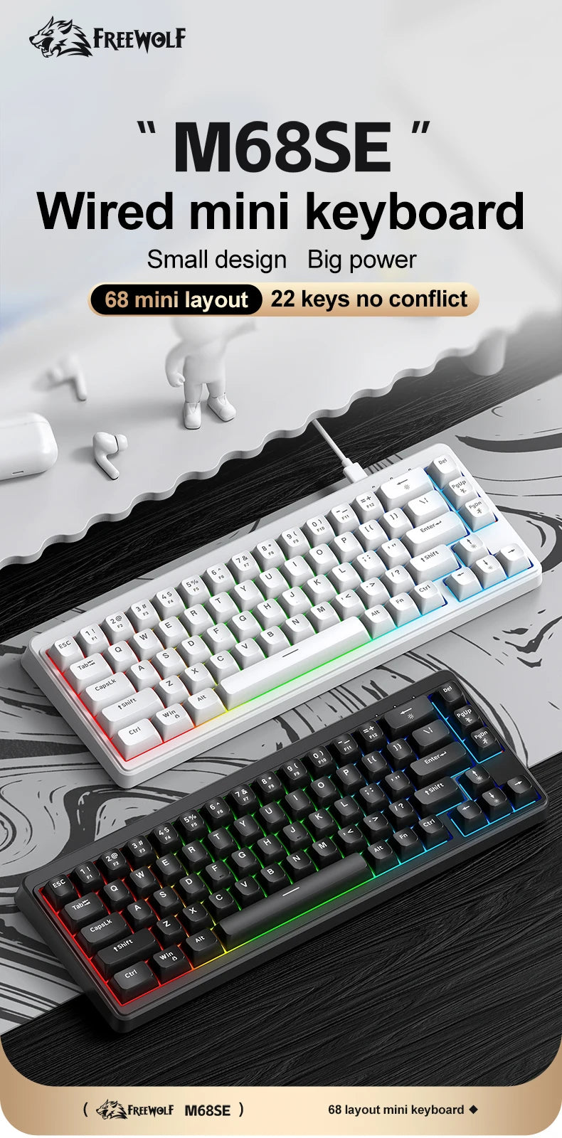 FREEWOLF M68SE Mechanical Feel Keyboard 68 Keys Mini Wired Compact Keyboard Silent for Laptops,Gaming and Office Use