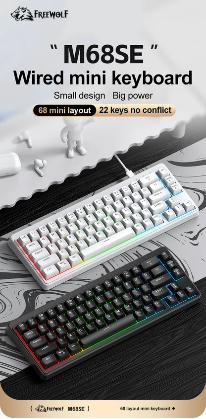 FREEWOLF M68SE Mechanical Feel Keyboard 68 Keys Mini Wired Compact Keyboard Silent for Laptops,Gaming and Office Use
