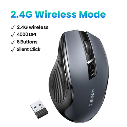 UGREEN Wireless Ergonomic Mouse 4000 DPI Silent 2.4GHz 6-Button Mouse for Laptop, MacBook, PC & Tablet