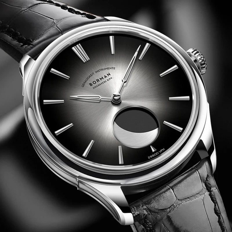BORMAN 41.5mm 5ATM Waterproof Mechanical Watches Moon Phase Luxury Designer Men Dress Automatic Wristwatch
