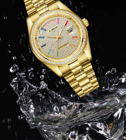 X-GEAR Men Luxury Watches Full diamond dial Diamond bezel Mechanical Watch Luminous Date Week Display Stainless Steel Case Strap