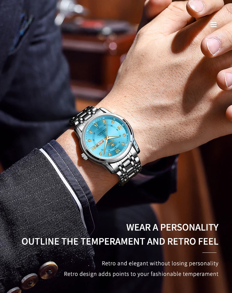 OLEVS Top Original Men Quartz Watch Blue Waterproof Watch for Men Stainless Steel Quartz Men Luxury Watch Luminous Wristwatch
