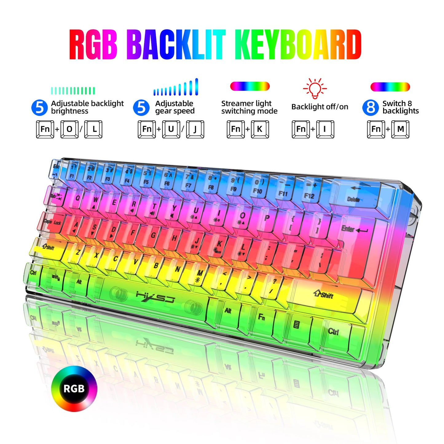 HXSJ V700 60% Wired Transparent Gaming Keyboard, RGB Backlit 61 Keys Compact USB Gaming Keyboard for PC, Mac & Laptop
