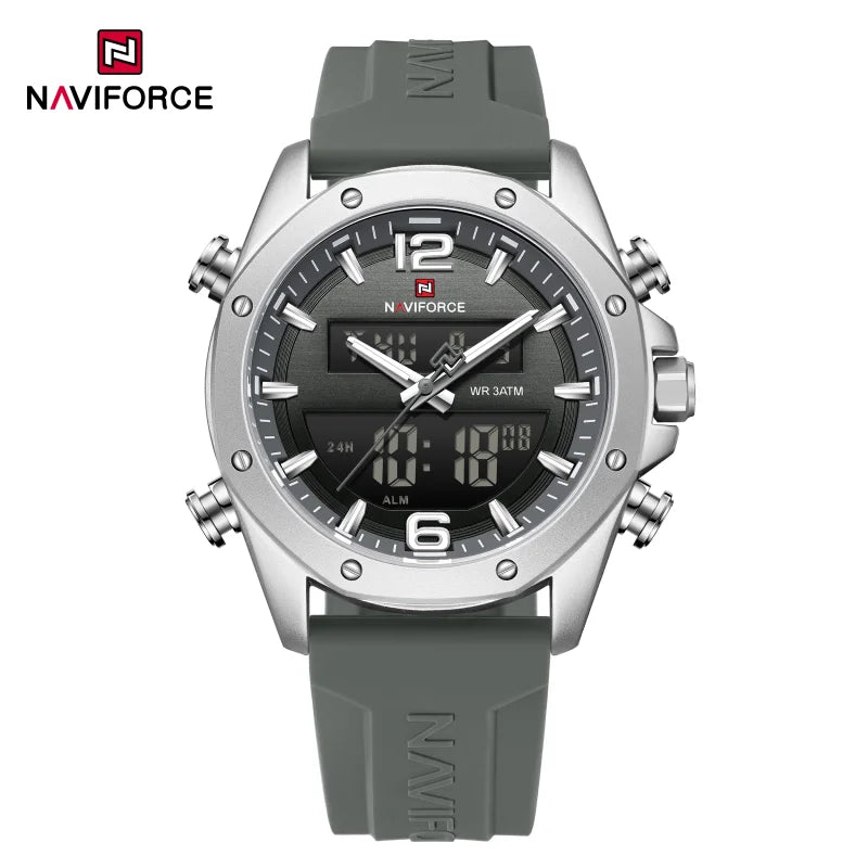 NAVIFORCE Men Quartz LCD Dual Display Watch With Silicone Strap 3ATM Waterproof Shockproof Night Light Round Case Sport Casual