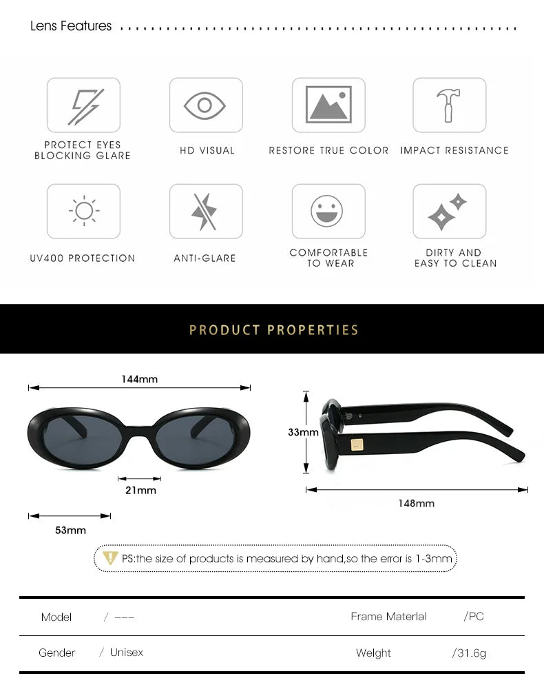 Classic Oval Sunglasses Women Men New Thick Frame Party Sunglasses Hip Hop Cool Luxury Designer Brand Eyeglasses UV400 Eyewear